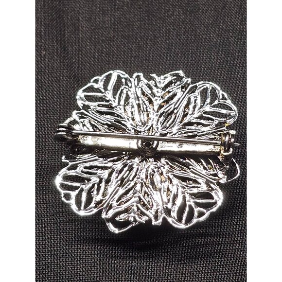 Vintage Silver-Tone Filigree Brooch With Aqua Turquoise Stone Chips Oval Design - Picture 4 of 6